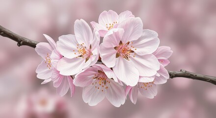 Delicate pink blossoms adorn a slender branch.