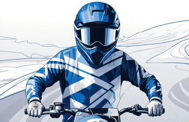 Fototapeta premium Woman riding motorcycle wearing a blue helmet and jacket on a winding road