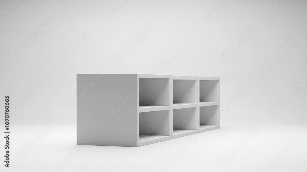 Poster a minimalist white shelving unit assembly in a clean studio environment display