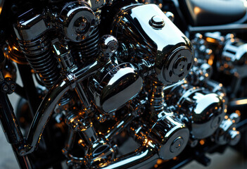 Fototapeta premium Shiny chrome motorcycle engine with detailed mechanical parts and reflections