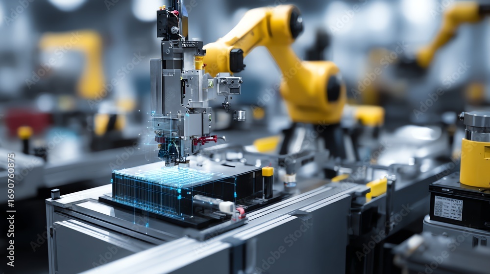 Poster a detailed close-up showcases automated robotic arms meticulously assembling a circuit board, highli