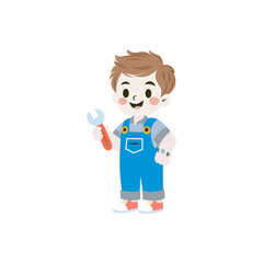 Young mechanic boy illustration. Friendly boy mechanic holding a wrench, cute children’s vector.