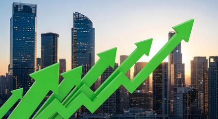Green upward arrows surge against a backdrop of a modern city skyline at sunrise, symbolizing growth and progress.