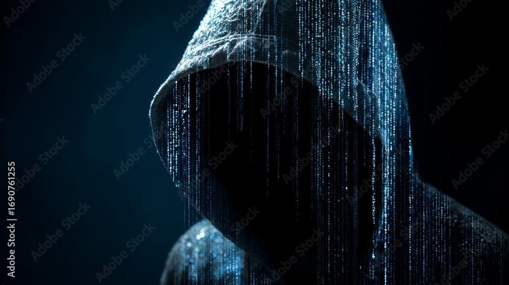 Poster mysterious hooded figure immersed in glowing digital matrix code stream against a dark background