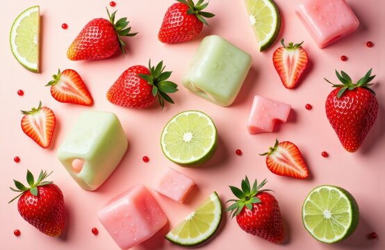 Colorful strawberries, lime slices, and pastel soap bars arranged on a pink background