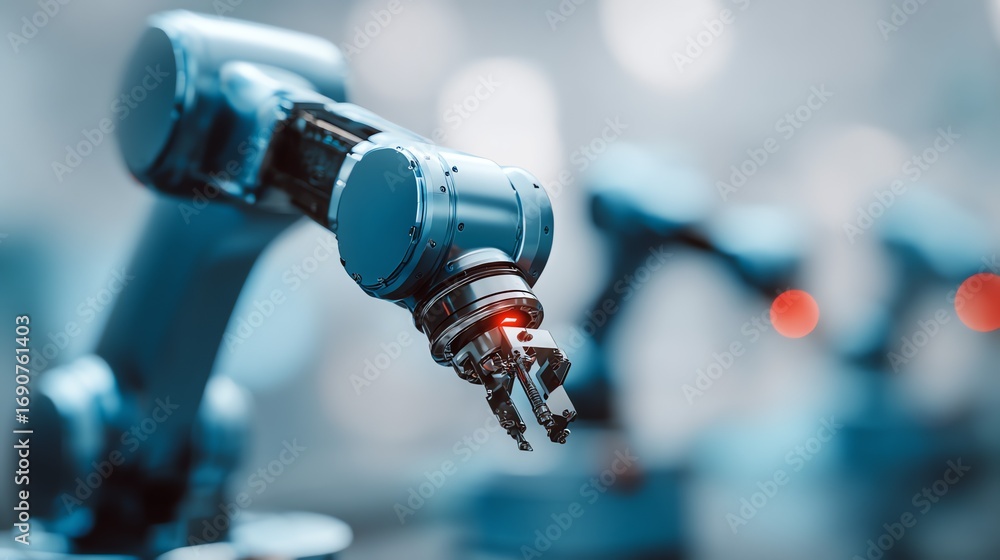 Poster a detailed close-up showcases a robotic arm with a precision gripper, highlighting the advancements 