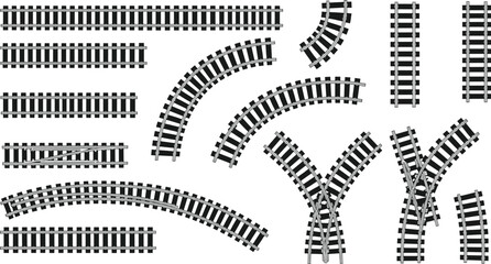 Black Model Train Track Vector Set Featuring Straight, Curved, Switch, and Crossover Pieces for Railway Layout and Hobby Design