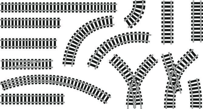 Black Model Train Track Vector Set Featuring Straight, Curved, Switch, and Crossover Pieces for Railway Layout and Hobby Design