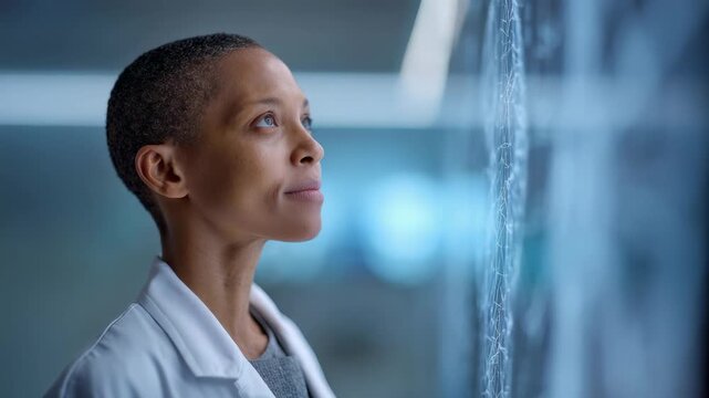 Professional female doctor in white lab coat analyzing futuristic holographic medical interface, standing in advanced high tech hospital environment with glowing digital display