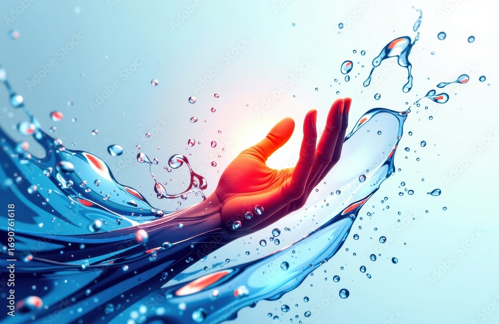 Poster a hand splashing water with dynamic movement and vibrant droplets in a bright background