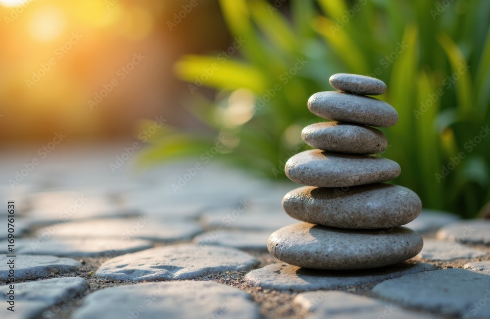 Poster balanced stack of smooth stones on cobblestone path with lush greenery in the background