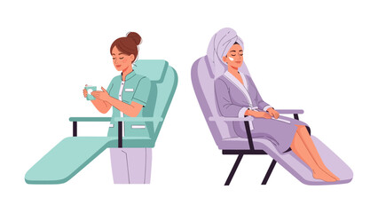 Two women in comfortable chairs one in a spa robe and towel the other in medical attire representing relaxation and care