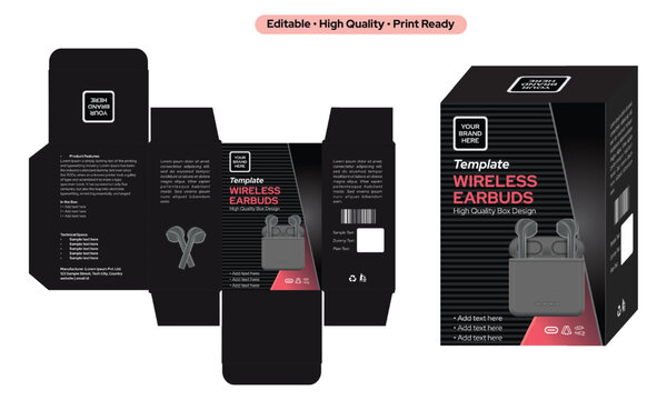Earbuds Box Packaging Design, Wireless Earphone Carton with Charging Case, Editable Vector Print-Ready Die Line, Black matte finish premium packaging box design