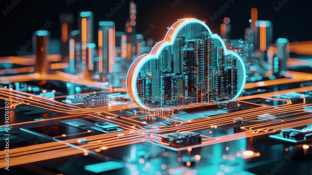 Aufkleber glowing high tech cityscape with skyscrapers and a central cloud computing icon representing the fut