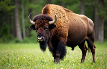 A bison standing in a grassy field with a lush green forest in the background