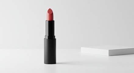 Matte Red Lipstick on White Background Minimal Product Photography Still Life Image Black Tube Makeup Cosmetic Beauty Elegant Simple Clean Modern