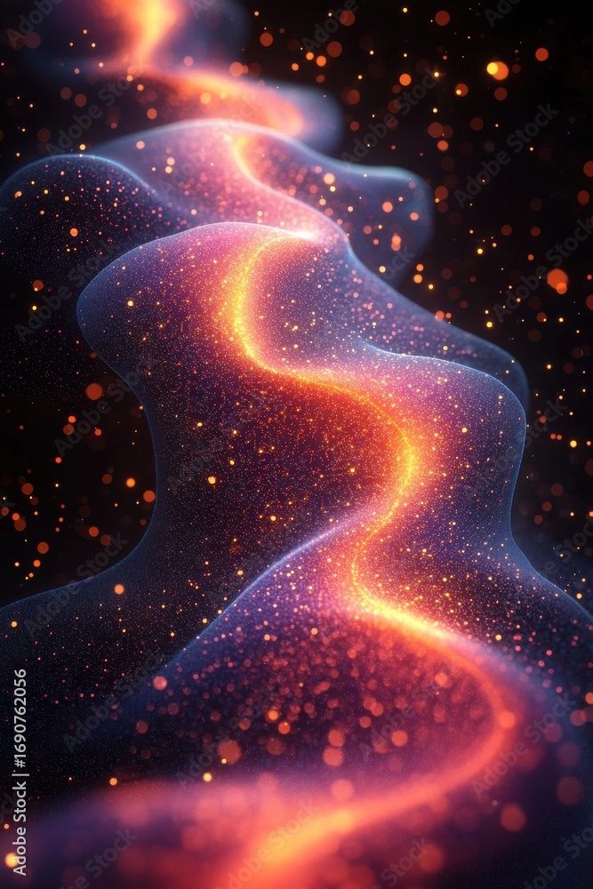 Poster abstract digital depiction of colorful particles with glowing gradient in space