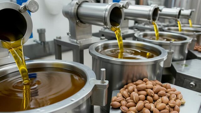 Filtering amber colored argan oil through stainless steel systems in industrial facility.