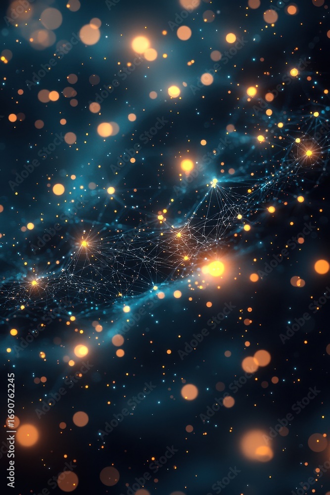 Poster abstract representation of a network structure with glowing particles