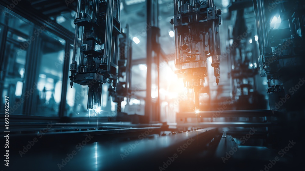 Poster automated robotic arms precisely weld metal components within a modern industrial facility, showcasi