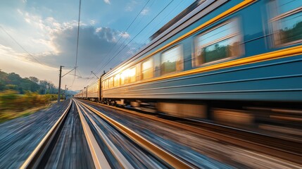 Naklejka premium A high speed passenger train rapidly traveling through a picturesque rural landscape at sunset blurring the background and creating a sense of speed and momentum