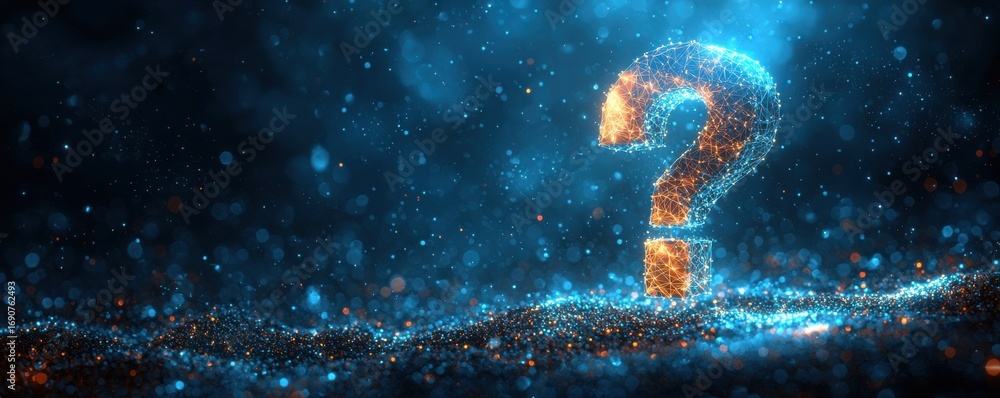 Poster illuminated question mark created from glowing blue and orange abstract digital lines
