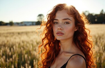Woman with red curly hair standing in a sunlit field during golden hour