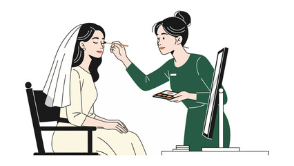 Professional makeup artist applying makeup to a bride wearing a veil in a salon setting with a mirror reflection