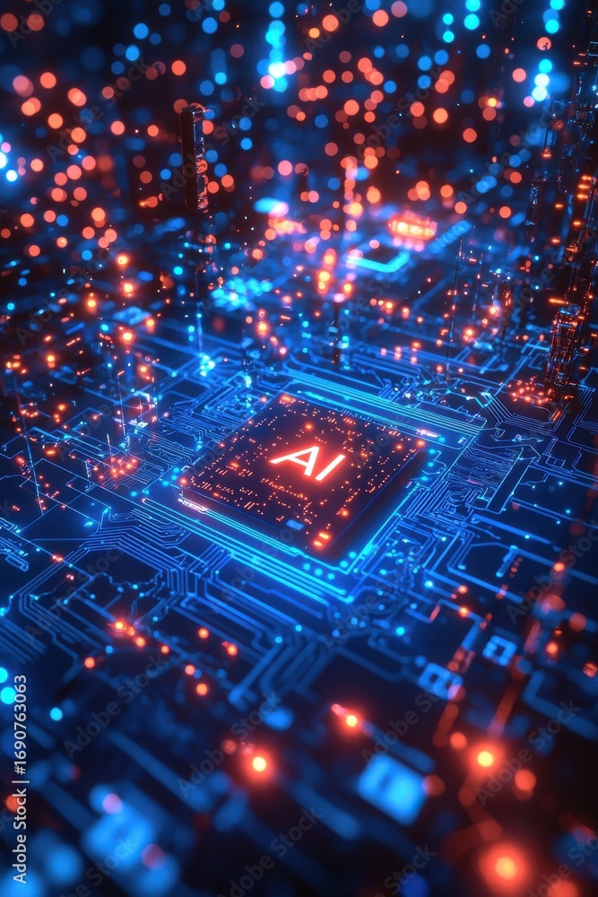 Poster ai-powered microchip on a colorful digital circuit board with vibrant lights