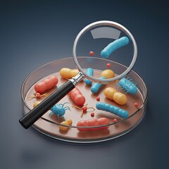 Microscopic View of Bacteria in Petri Dish Under Magnifying Glass Detailed 3D Render of Colorful Microbes on Brown Agar Scientific Research