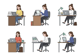 cartoon women working at desks, office scenes, laptop, documents, study setup, casual attire, productivity, workspace illustration