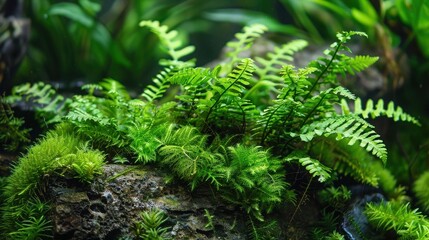 Close up shot of lush green ferns and moss growing on a rock in a vibrant natural setting outdoors