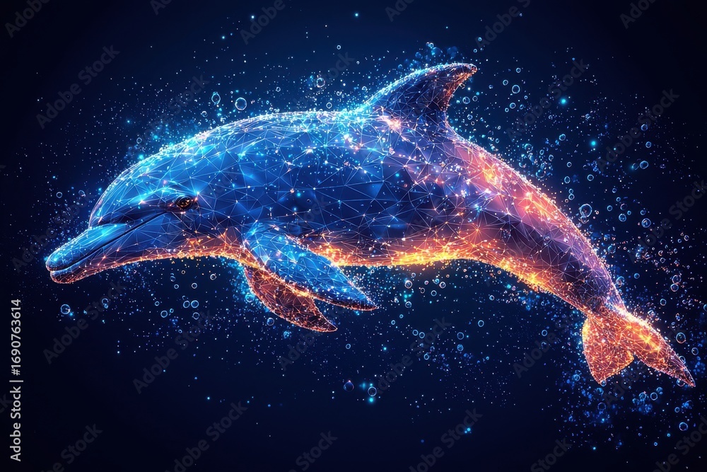 Poster digital representation of a lifelike dolphin in an abstract style