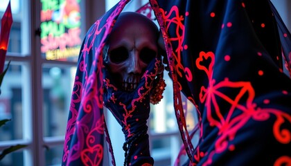 A skull dressed in vibrant red and black fabric adorned with intricate designs and patterns. It appears to be a central figure in what seems to be a thematic display or event
