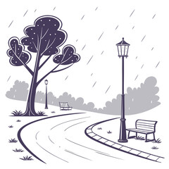 Vector art of rainy day in the park a serene scene with a winding path, a solitary tree, and a vintage lamppost, all under a gentle rain benches invite rest and contemplation