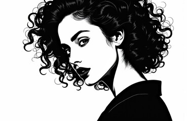 Woman with curly hair in black and white illustration with high contrast and bold features