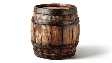 Rustic wooden barrel with metal bands for storage and decoration