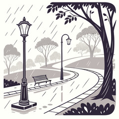 Vector art of a peaceful vector illustration depicts a rainy park scene with winding paths, vintage lampposts, and a bench under trees, , creating a serene atmosphere