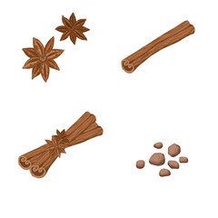 Cinnamon and star anise spices with hand drawn texture. Christmas and New Year vector elements. Perfect for greeting cards, invitations, packaging, and food-related designs