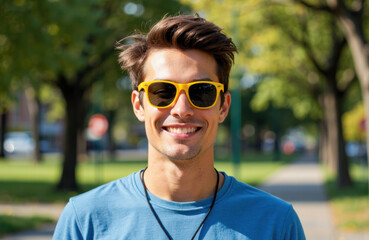 A young man wearing yellow sunglasses smiling outdoors on a sunny day
