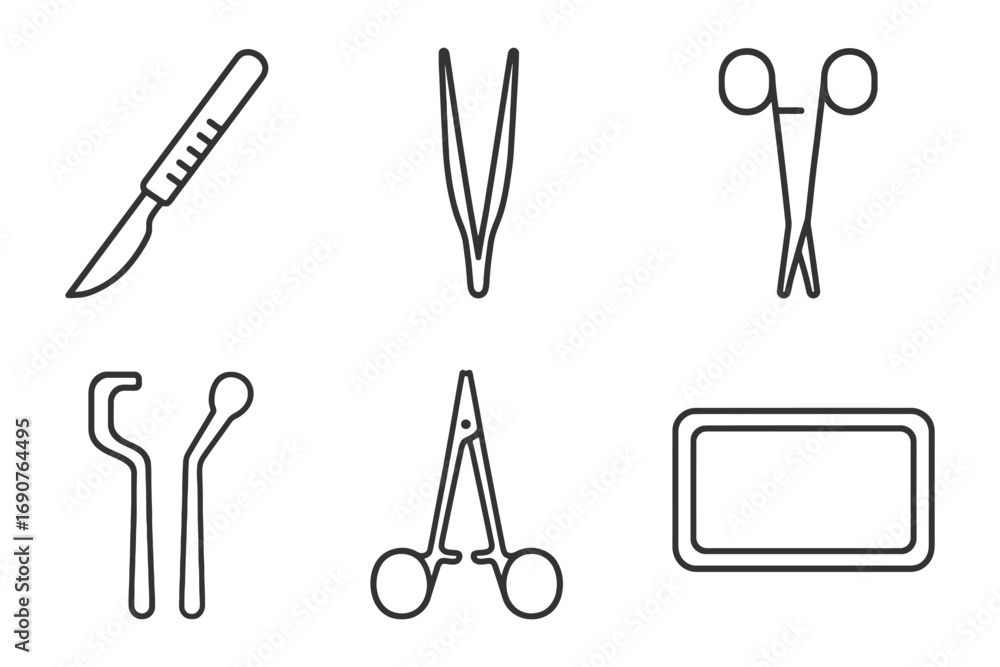 Poster a set of medical instruments including a scalpel, scissors, and forceps. the instruments are arrange