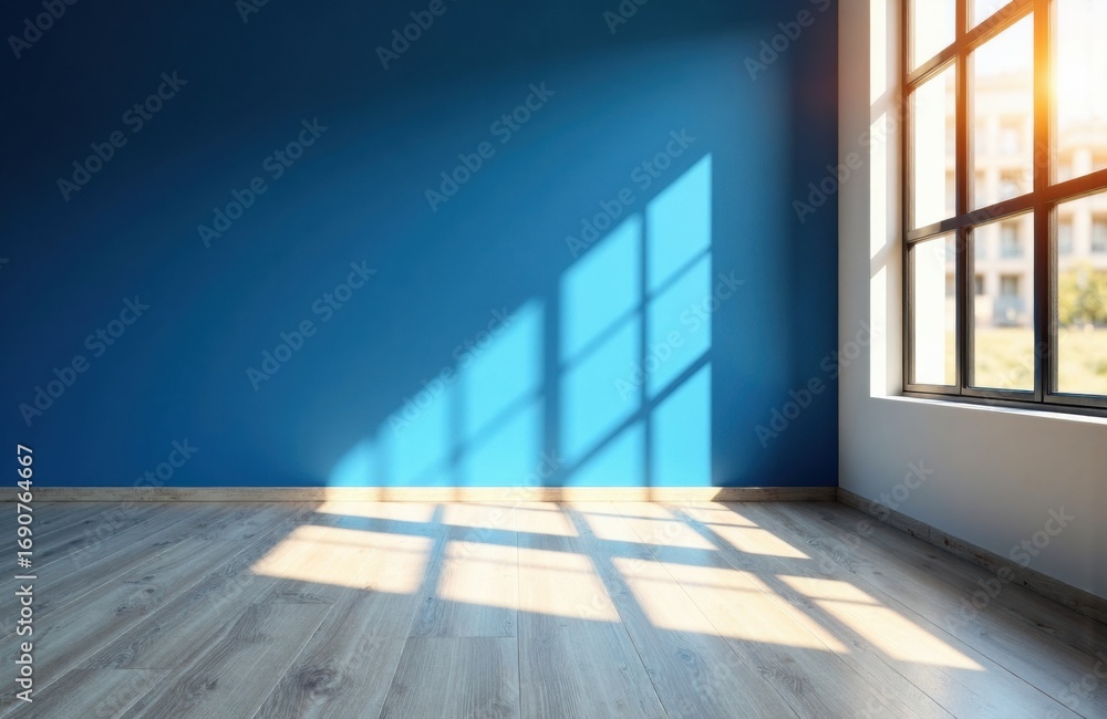 Poster sunlight streams through large window casting shadows on a blue wall in an empty room