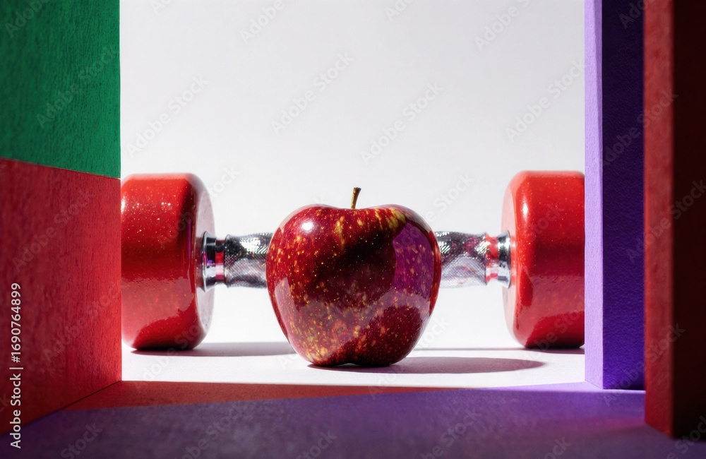 Poster a red apple is positioned between two red dumbbells in a colorful, geometric setting
