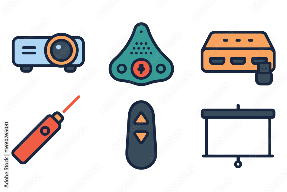 Poster a set of icons for various electronic devices, including a remote control, a projector, and a video 