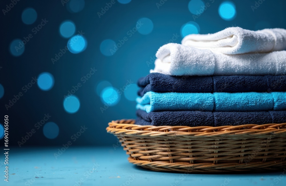 Aufkleber stack of neatly folded towels in a wicker basket with a blurred blue bokeh background