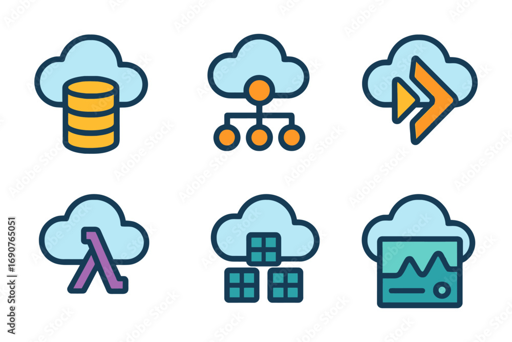 Poster a set of six cloud icons, each with a different color and design. the icons include a cloud with a p