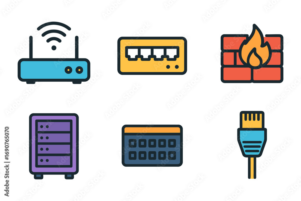 Aufkleber a collection of icons for various computer networking devices, including a router, a firewall, and a