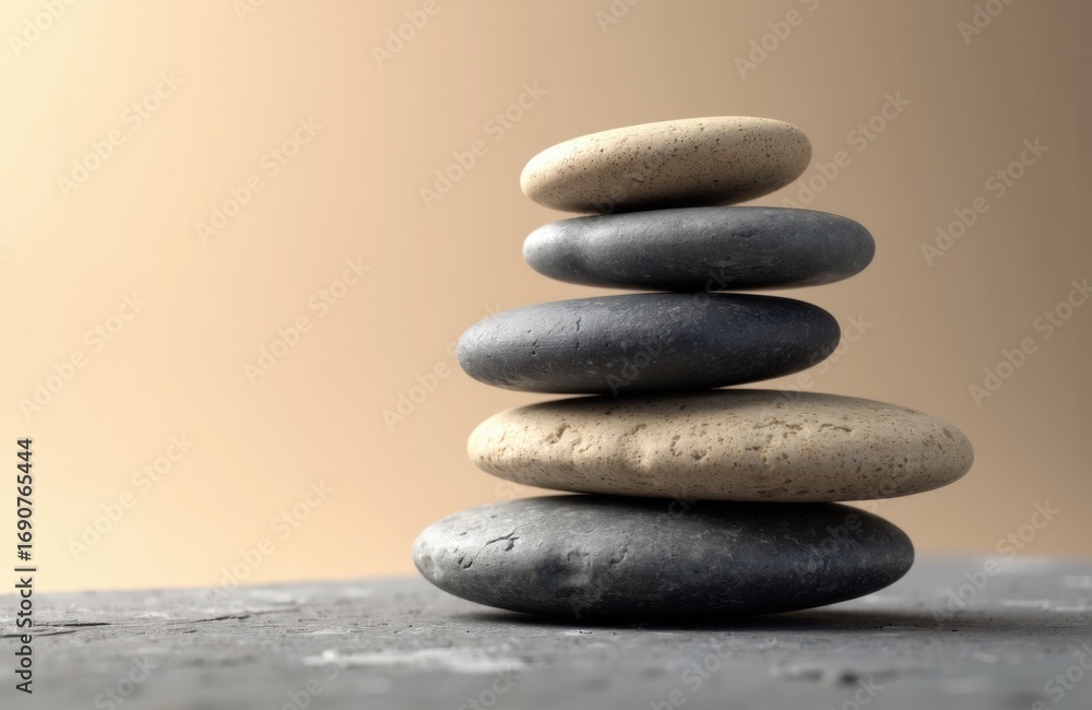 Poster balanced stack of smooth stones on a flat surface with neutral background