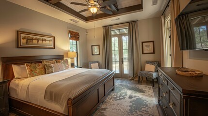 A bedroom with a large bed, two chairs, a dresser, art, and a ceiling fan in a well lit room