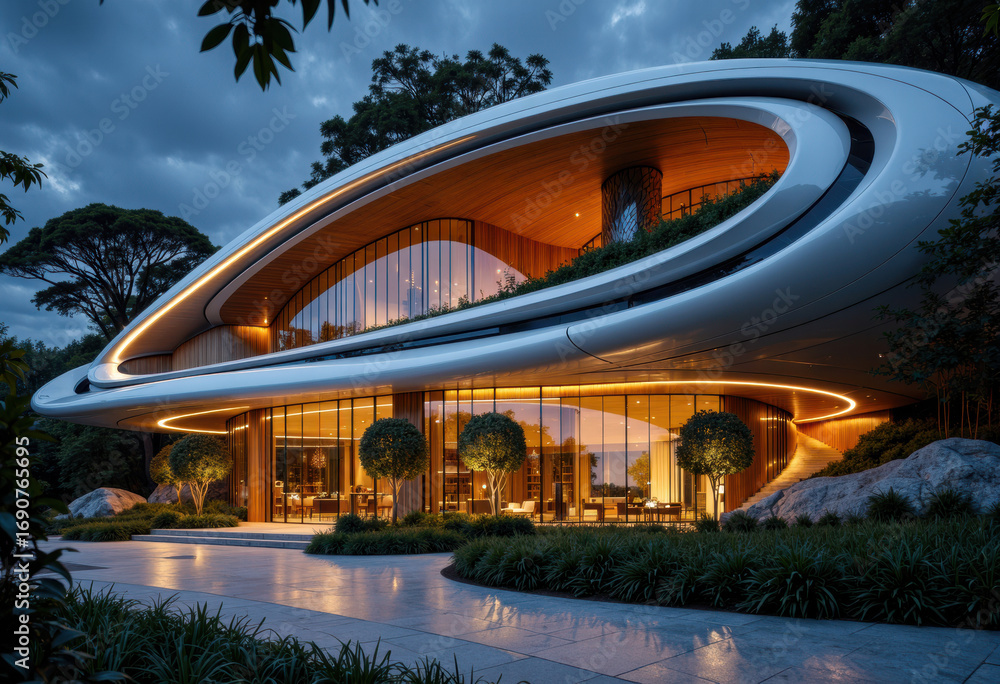 Poster futuristic modern building with curved architecture illuminated at dusk in a lush green environment